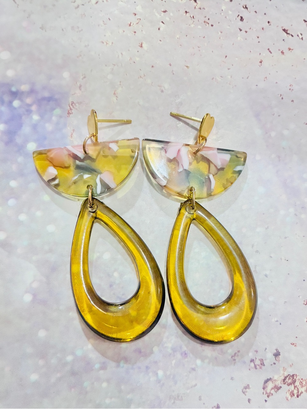 Marble half moon shaped unique earrings, mid century modern style